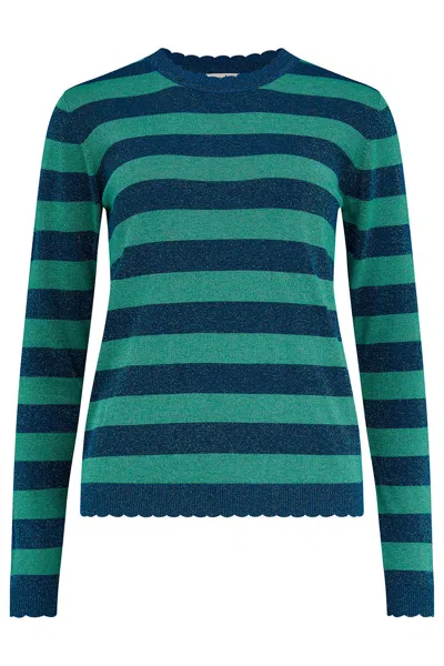 Sugarhill Brighton Women's Green / Blue Alexa Scallop Sweater Teal Green, Sparkles Stripe