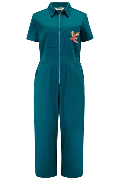 Sugarhill Brighton Women's Green / Blue Cora Cropped Jumpsuit, Teal, Rainbow Parrot