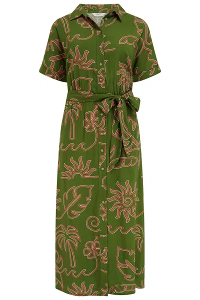 Sugarhill Brighton Women's Green Leigh Midi Shirt Dress Khaki, Tropical Line Drawing In Multi