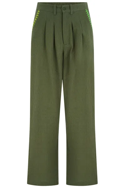 Sugarhill Brighton Women's Green Lois Wide Leg Trousers Olive, Decorative Stitch In Multi