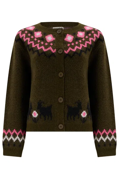 Sugarhill Brighton Women's Green Olana Cardigan Olive Goat Fairisle In Brown