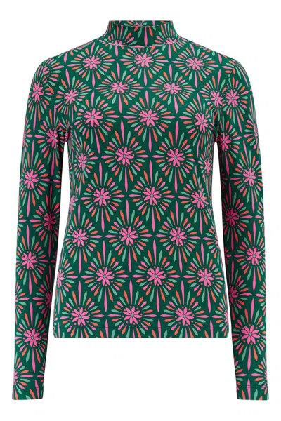 Sugarhill Brighton Women's Green / Pink Annika Turtleneck Jersey Top Green Multi, Flower Explosion