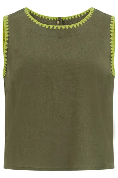 Sugarhill Brighton Women's Green Senna Top Olive, Decorative Stitch