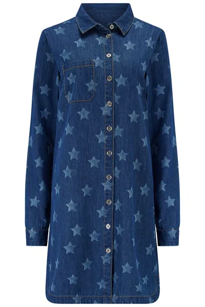 Sugarhill Brighton Women's Ilsa Mini Shirt Dress Mid Blue Denim, Bleached Stars