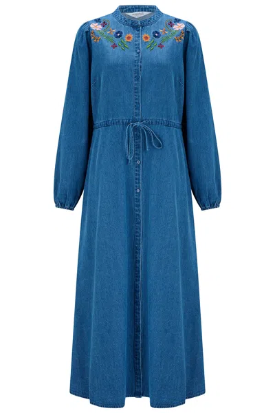 Sugarhill Brighton Women's Ivana Denim Midi Shirt Dress Blue Floral Embroidery
