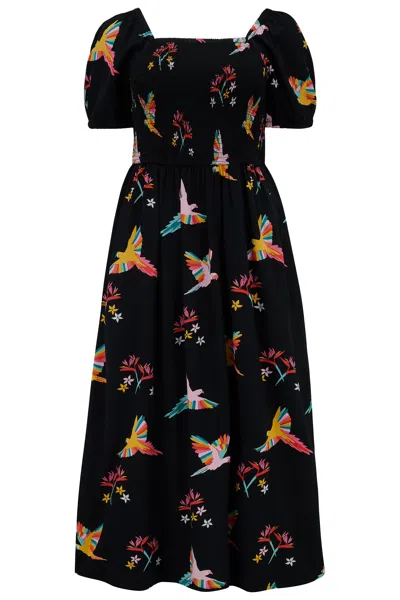 Sugarhill Brighton Women's Jolene Midi Shirred Dress Black, Tropical Parrots