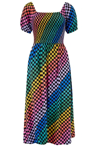 Sugarhill Brighton Women's Jolene Shirred Midi Dress Black Rainbow Checkerboard