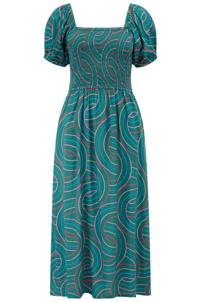Sugarhill Brighton Women's Jolene Shirred Midi Dress Green, Concentric Circles