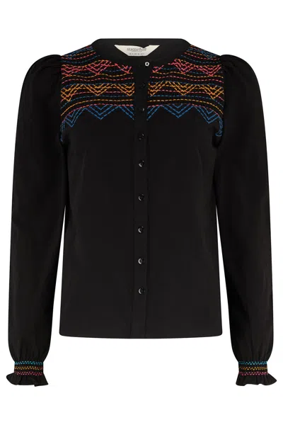 Sugarhill Brighton Women's Luisa Blouson Sleeve Jersey Top Black Aztec Chevron Embroidery In Blue