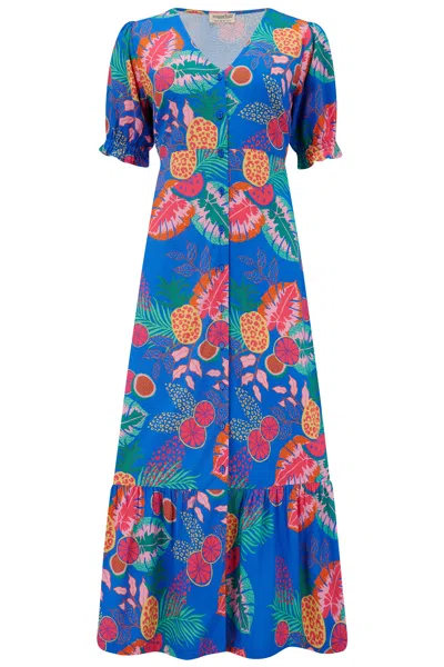 Sugarhill Brighton Women's Maddox Tiered Midi Dress Multi, Tropical Fruits In Blue/green/orange/pink/yellow