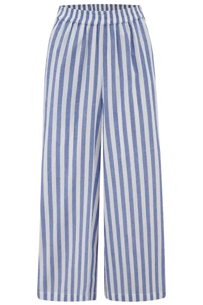 Sugarhill Brighton Women's Maevis Wide Leg Cropped Trouser Off-white, Blue, Bakers Stripe