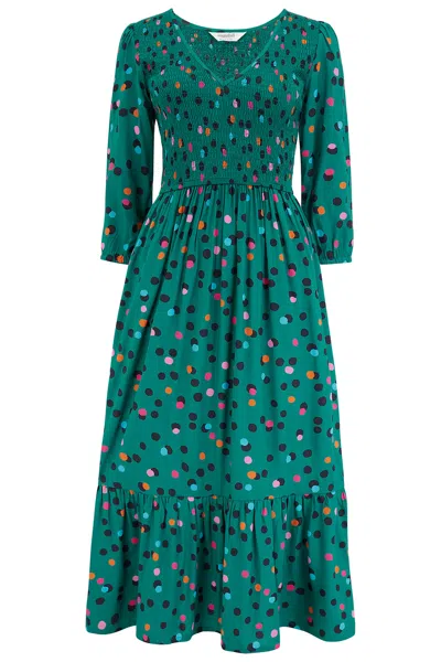 Sugarhill Brighton Women's Magdalene Shirred Midi Dress, Green, Rainbow Dappled Spot