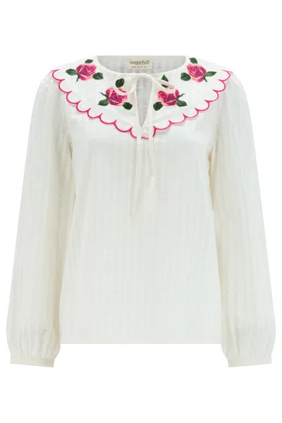 Sugarhill Brighton Women's Nessie Scallop Collar Blouse White Rose Embroidery