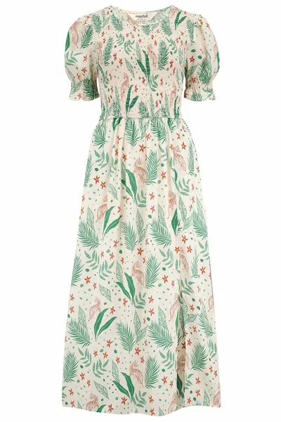 Sugarhill Brighton Women's Neutrals Rosita Midi Shirred Dress Cream, Jungle Leaves In White