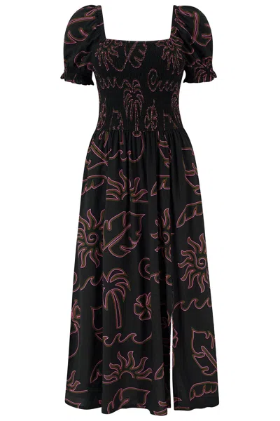 Sugarhill Brighton Women's Nicole Shirred Midi Dress Black, Tropical Lines