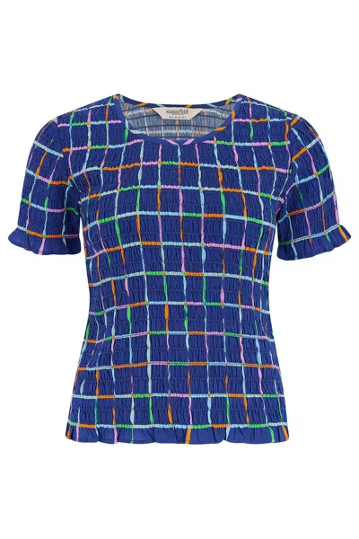Sugarhill Brighton Women's Orelia Shirred Top Blue, Matchstick Check
