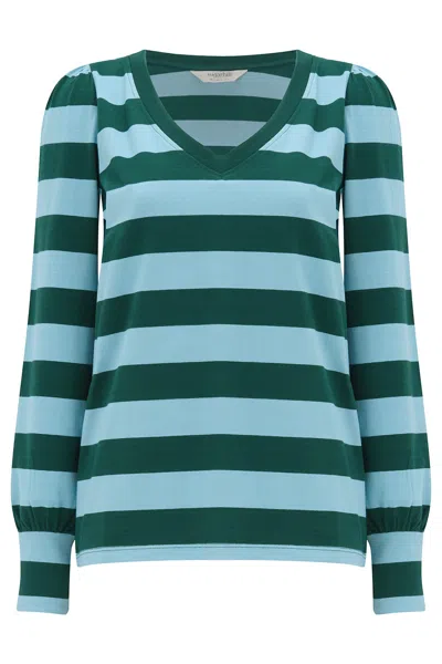 Sugarhill Brighton Women's Palmella V Neck Jersey Top Green Blue Stripe