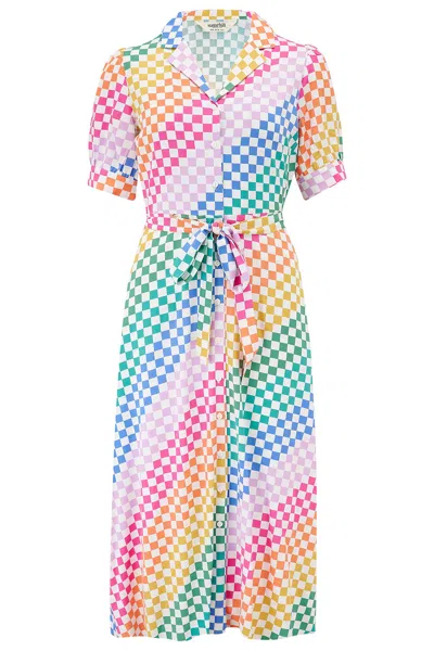 Sugarhill Brighton Women's Penelope Midi Shirt Dress Multi, Rainbow Checkerboard In White