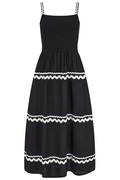 Sugarhill Brighton Women's Penrose Shirred Sundress Black, Monochrome Ric Rac In Multi