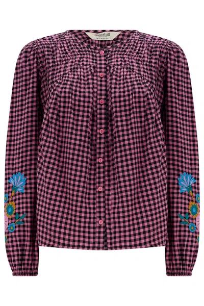 Sugarhill Brighton Women's Pink Leah Blouse Rose Gingham Floral Embroidery