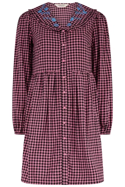 Sugarhill Brighton Women's Pink Ondrea Short Smock Dress Rose Gingham Floral Embroidery
