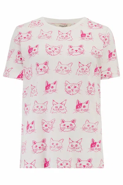 Sugarhill Brighton Women's Pink / Purple / White Maggie T-shirt Off White Pink, Sketched Cats In Pink/purple/white