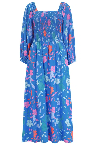 Sugarhill Brighton Women's Raquel Midi Shirred Dress Blue, Rainbow Floral Vine