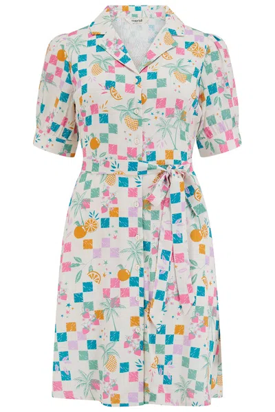 Sugarhill Brighton Women's Rebekka Mini Shirt Dress Off White, Fruit Checkerboard