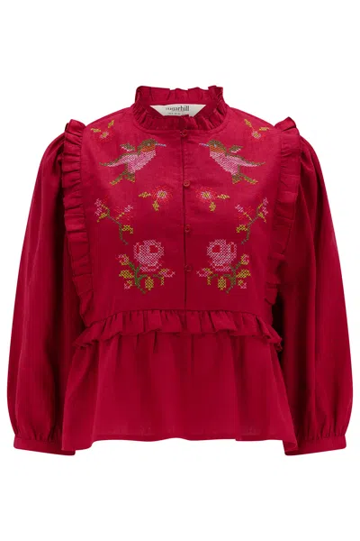 Sugarhill Brighton Women's Red Wilhelmina Frill Blouse Scarlet Rose Embroidery