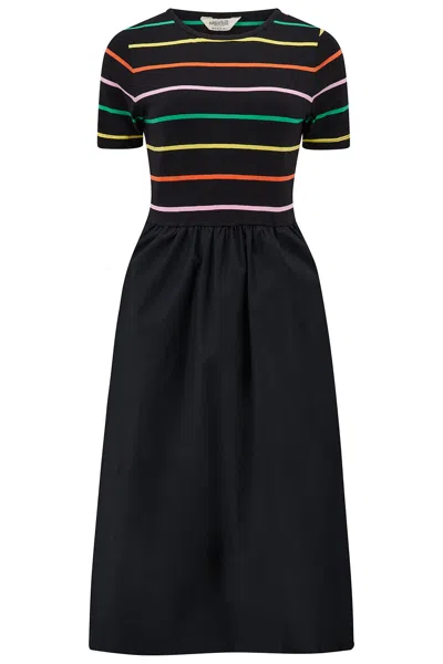 Sugarhill Brighton Women's Rhian Jersey & Woven Mix Midi Dress Black, Citrus Stripes