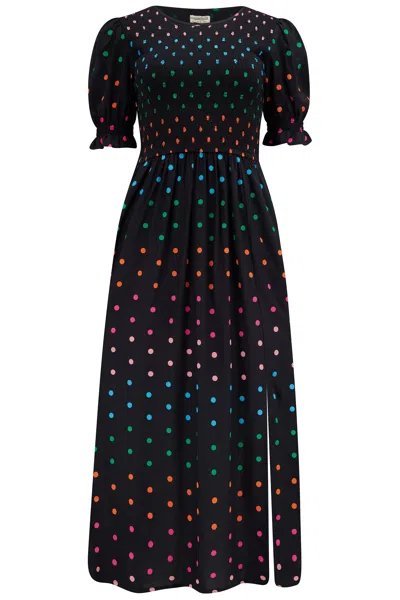 Sugarhill Brighton Women's Rosita Midi Shirred Dress Black Rainbow Polka