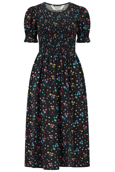 Sugarhill Brighton Women's Rosita Shirred Midi Dress Black, Rainbow Sprigs