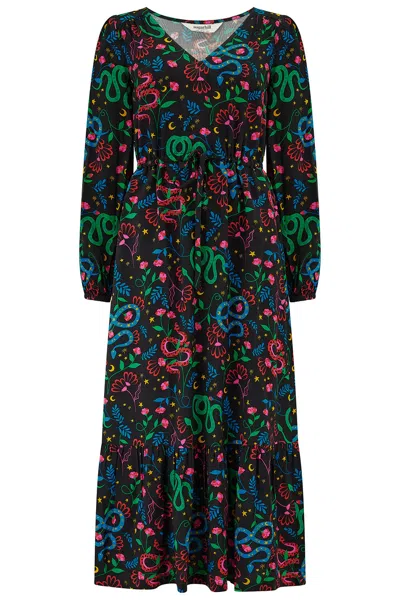 Sugarhill Brighton Women's Roxanne Maxi Tiered Maxi Dress Black Snake Floral In Multi