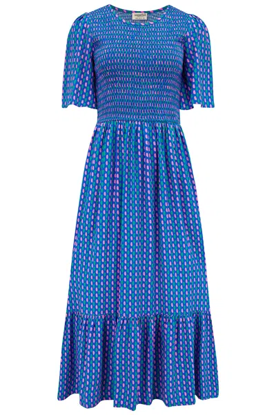 Sugarhill Brighton Women's Rumi Shirred Midi Dress Blue, Dotted Lines