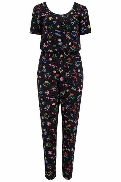 Sugarhill Brighton Women's Sammy Jersey Jumpsuit Black, Flamingo Doodle