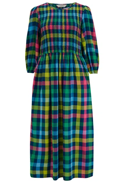 Sugarhill Brighton Women's Ursula Shirred Midi Dress Multi, Midnight Gingham In Blue/green/pink