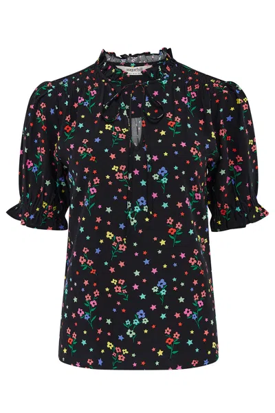 Sugarhill Brighton Women's Virginia Shirred Top Black Rainbow Sprigs