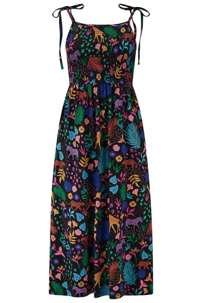 Sugarhill Brighton Women's Willa Shirred Jersey Midi Dress, Black, Multi, Jungle Spirit