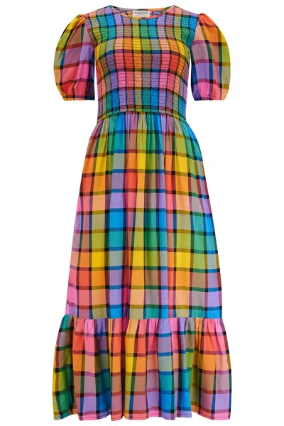 Sugarhill Brighton Women's Yolanda Midi Shirred Dress Multi, Summer Rainbow Check In Black