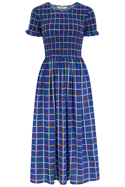 Sugarhill Brighton Women's Zamira Shirred Midi Dress Blue, Matchstick Check
