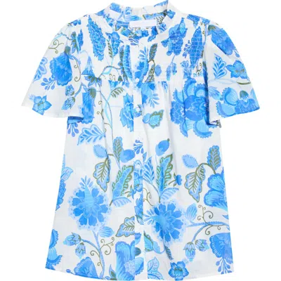 Sugarlips Aamian Floral Romy Mock Neck Cotton Top In Blue