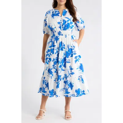 Sugarlips Aby Floral Hacienda Puff Sleeve Midi Dress In Blue