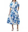 Sugarlips Aby Floral Hacienda Puff Sleeve Midi Dress In White/cobalt/multi In Blue