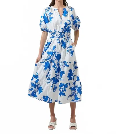 Sugarlips Aby Floral Hacienda Puff Sleeve Midi Dress In White/cobalt/multi In Blue