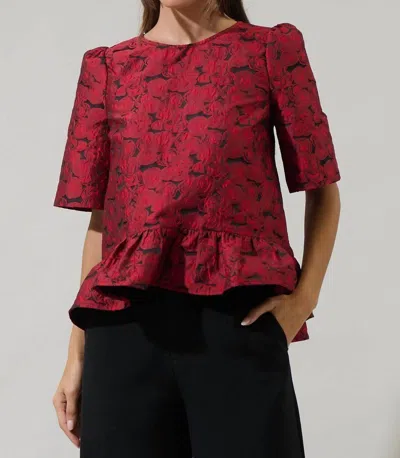 Sugarlips Alena Jacquard Floral Ruffle Top In Red