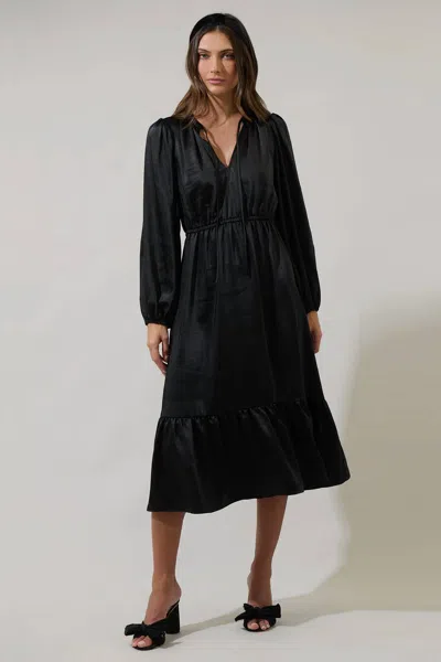 Sugarlips Alexia Satin Balloon Sleeve Midi Dress In Black