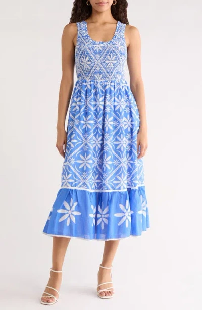 Sugarlips Alexie Floral Jersey Smocked Midi Sundress In Blue