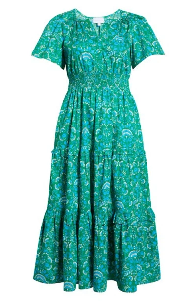 Sugarlips Alina Floral Palmer Tiered Cotton Maxi Dress In Green