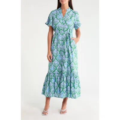 Sugarlips Alna Floral Ruffle Trim Button-up Midi Dress In Blue