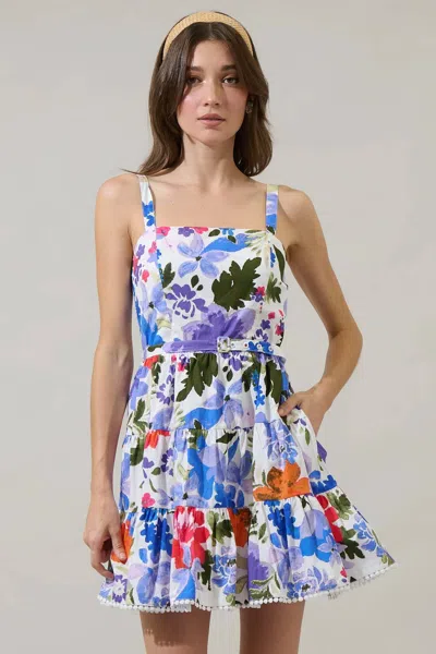 Sugarlips Amania Floral Nayra Tiered Poplin Mini Dress In Blue-purple